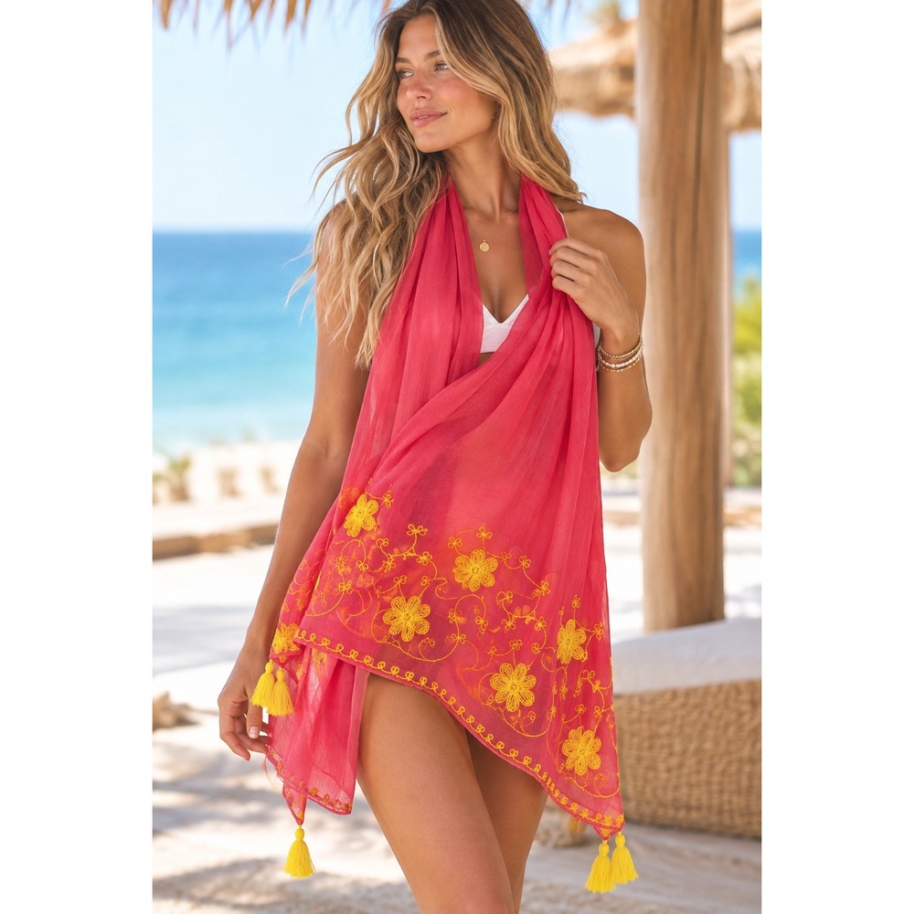 Michael Stars Pink Yellow Embroider Floral Scarf Sarong Pareo Tassel Beach Wrap